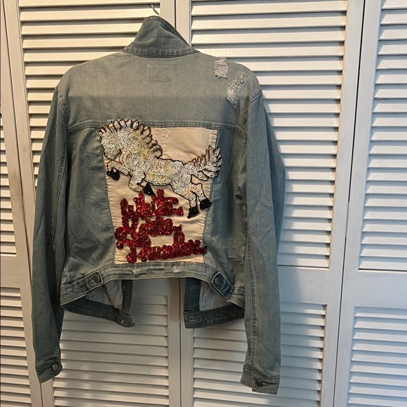 Horse Lovers TINSEL TOWN Jackets & Blazers - #1383+80s Style Jean Jacket White Horse Design by Julie Lee Nersinger Art Logo